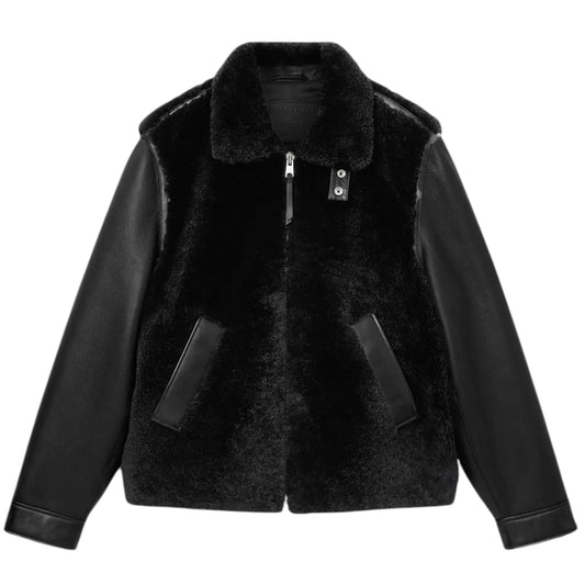 Black shearling jacket with leather sleeves on a white background