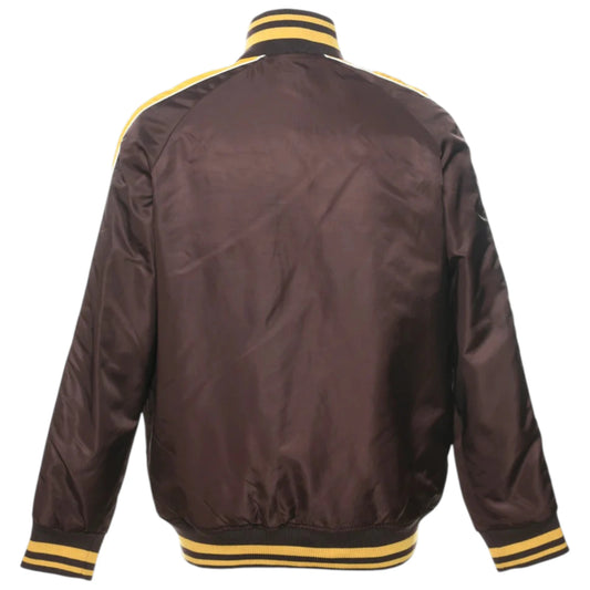Brown jacket with yellow and black trim on a white background