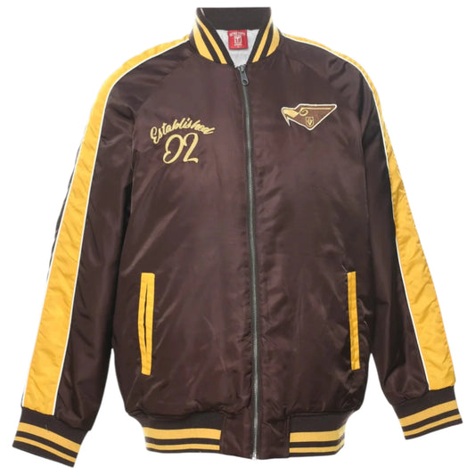 Brown and yellow jacket with branding on a white background