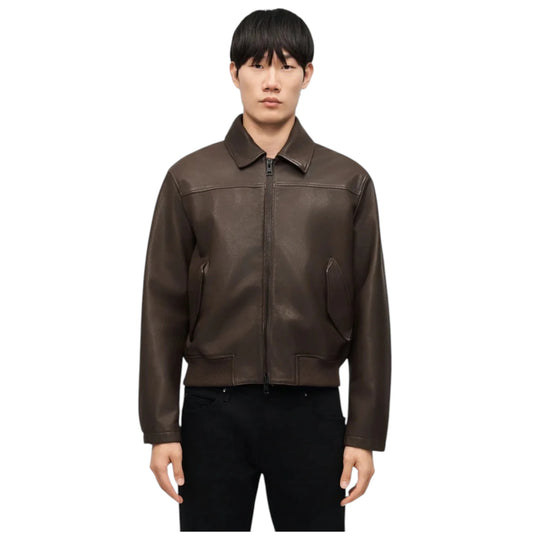 Man wearing a brown leather jacket on a white background