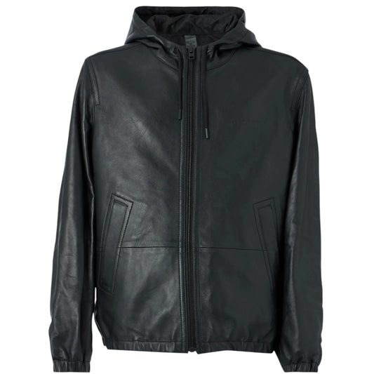 Black leather jacket with a hood on a white background