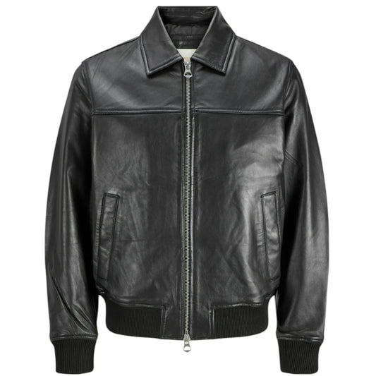 Black leather jacket on a white background