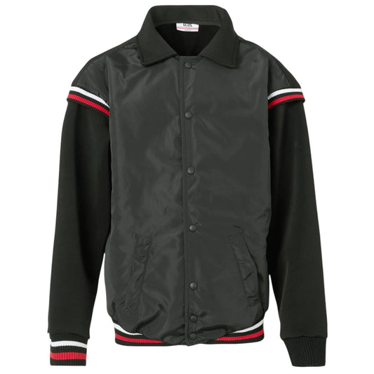 Black varsity jacket with red and white accents on a white background