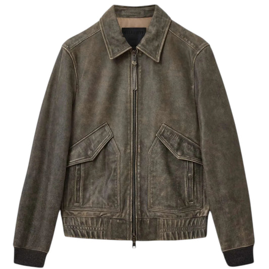 Brown leather jacket with a zipper on a white background