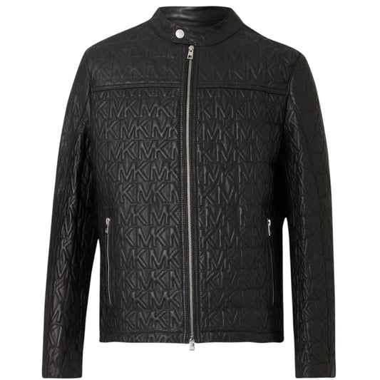 Black quilted jacket with a pattern on a white background