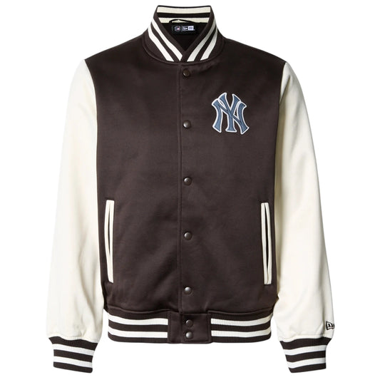 Black and white varsity jacket with a logo on a white background