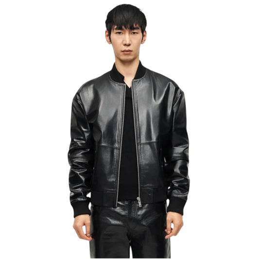 Person wearing a black leather jacket on a white background