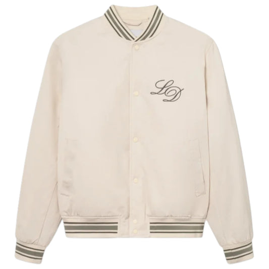 Beige varsity jacket with monogram on a white background