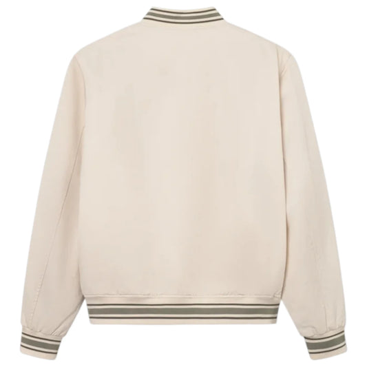 Beige bomber jacket with striped cuffs and collar on a white background