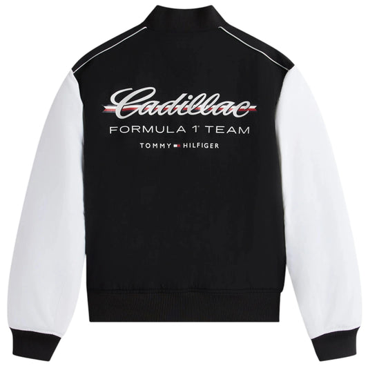 Black and white jacket with Cadillac Formula 1 Team Tommy Hilfiger logo on a white background