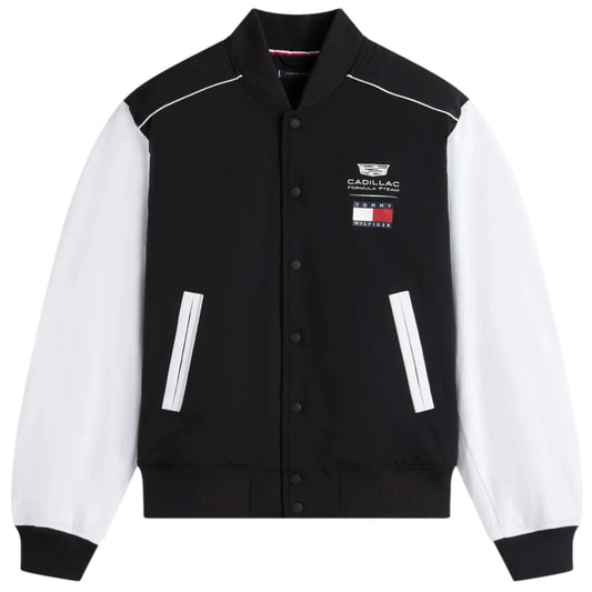 Black and white jacket with Cadillac logo on a white background