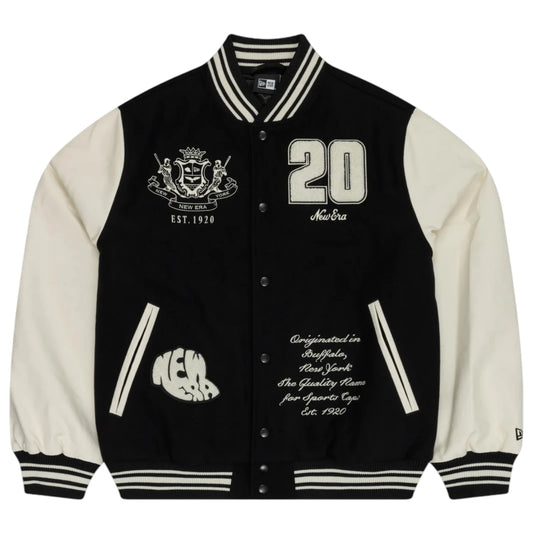 Black and white varsity jacket with branding and text on a white background