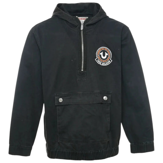 Black hooded jacket with a logo on a white background