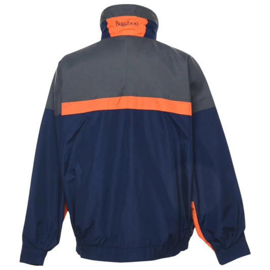 Back view of a jacket with orange and navy design on a white background