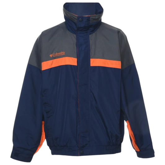 Navy and gray jacket with orange accents on a white background