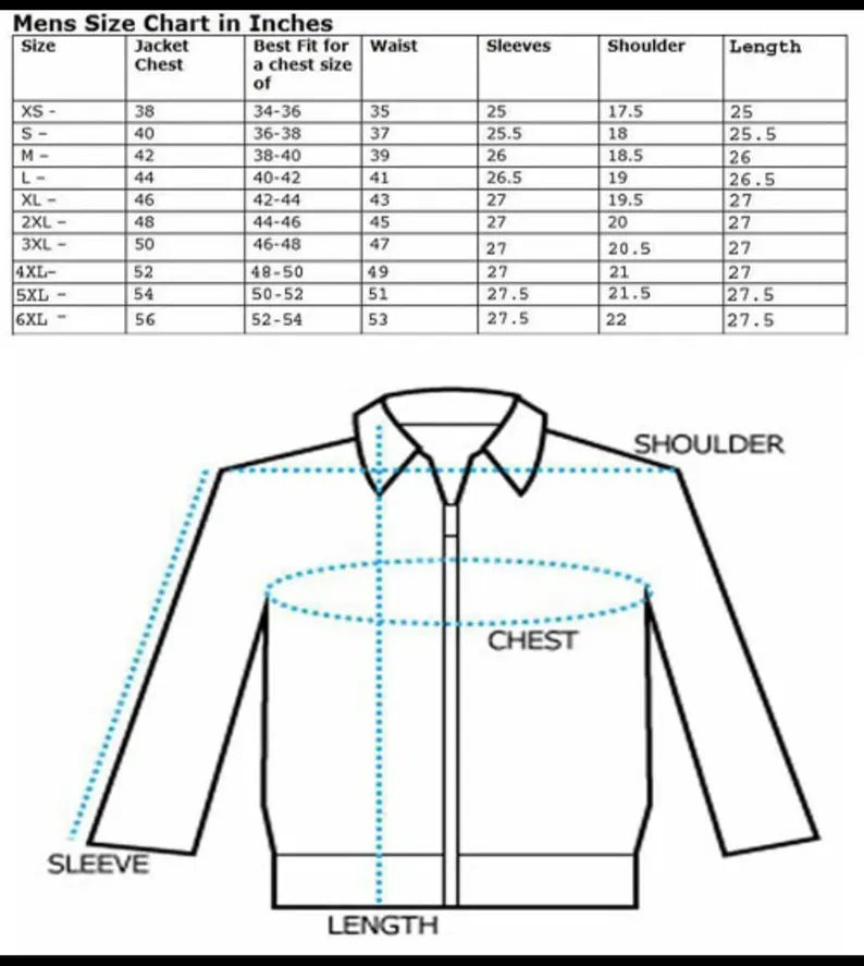 Mens size chart for jackets in inches with a diagram of a jacket.