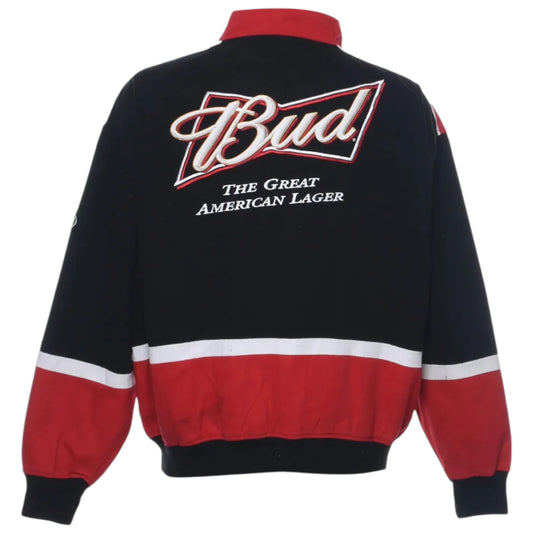 Black and red jacket with 'Bud' logo on the back
