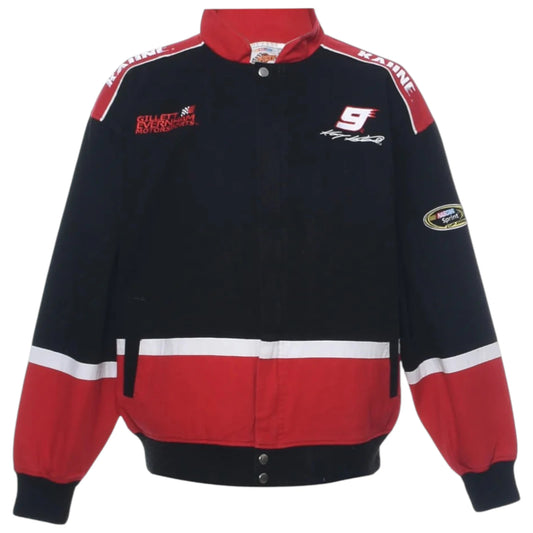 Black, red, and white jacket with various logos on a white background