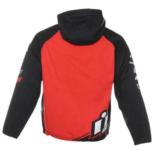 Black and red jacket with a brand logo on a white background