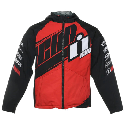 Red and black jacket with branding on a white background
