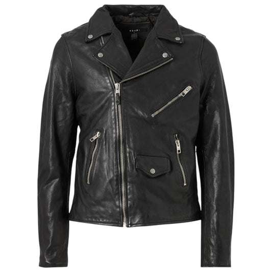 Black leather jacket with zippers on a white background