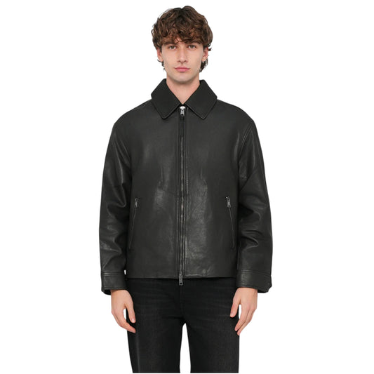 Man wearing a black leather jacket on a white background