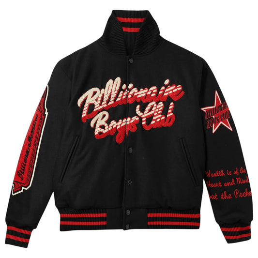 Black jacket with red text and graphics on a white background