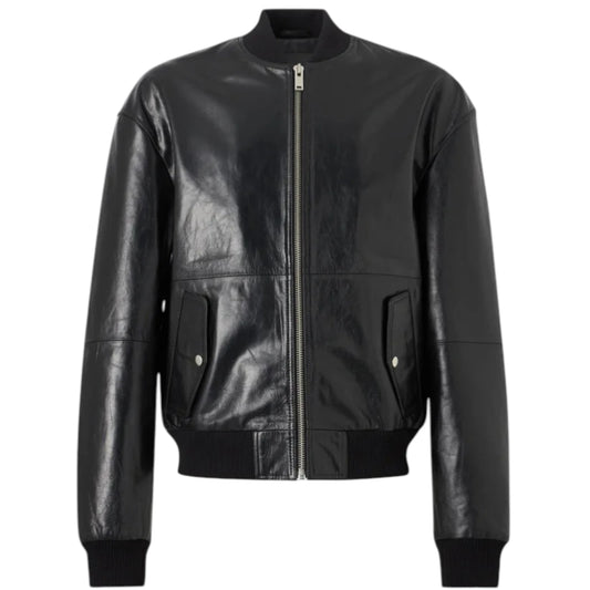 Black leather bomber jacket on a white background