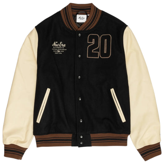 Black and beige varsity jacket with number 20 and New Era logo on a white background