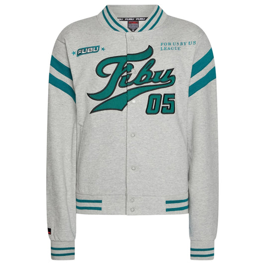 Gray jacket with teal accents and 'Fibu' branding on a white background